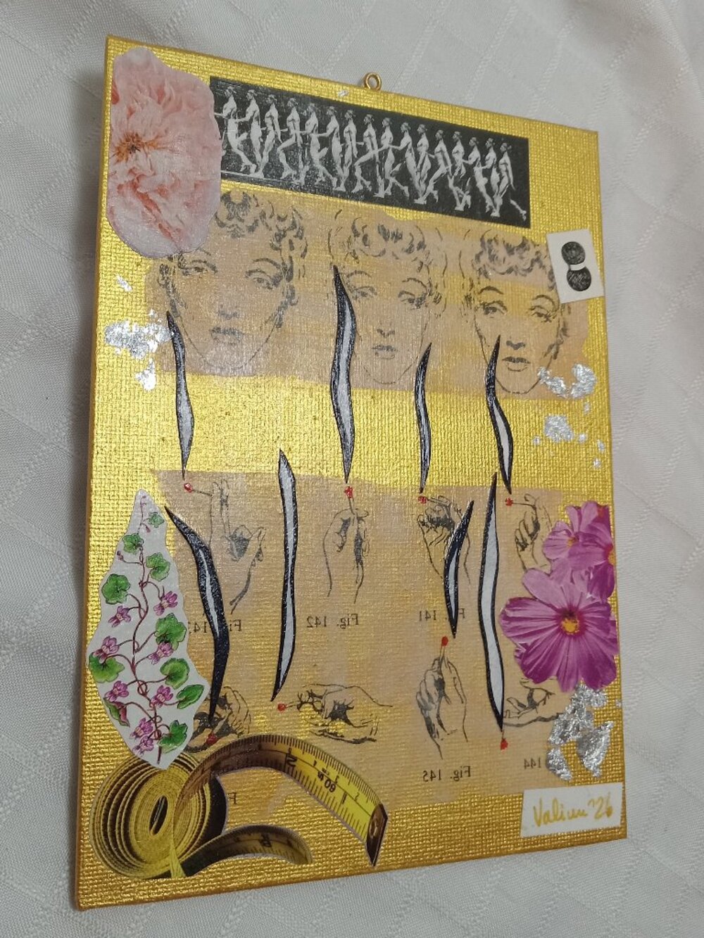 Prints of old magazines on canvas, gold paint, and mixed-media collages